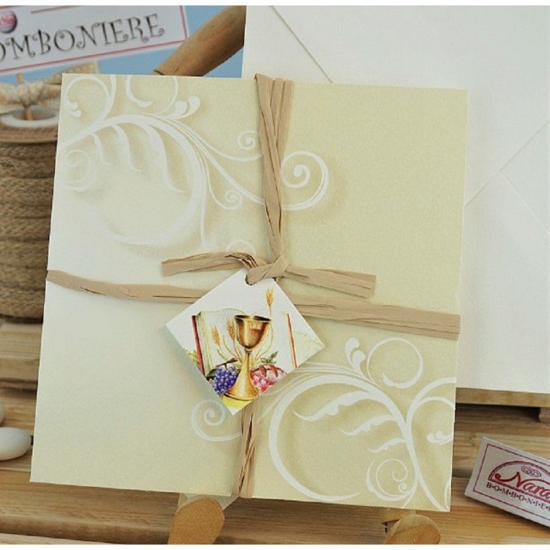 Partecipazione comunione con nastro in raffia