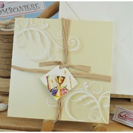 Partecipazione comunione con nastro in raffia