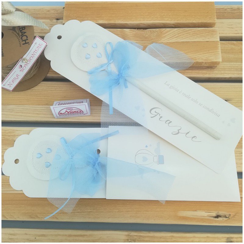 Segnaposto matita con nastro azzurro