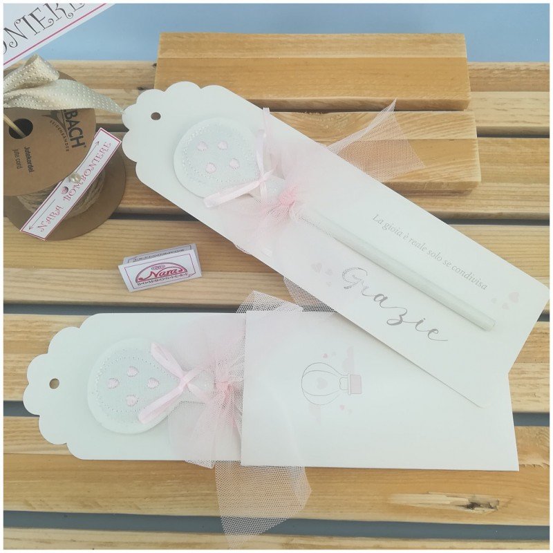 Segnaposto matita con Mongolfiera e nastro rosa