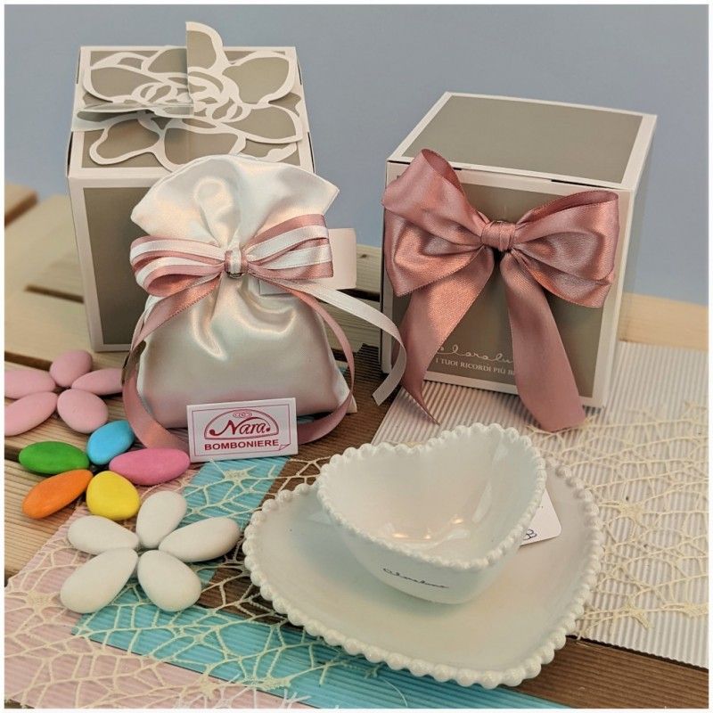 Ciotola e Piattino cuore Claraluna Bomboniere bianco