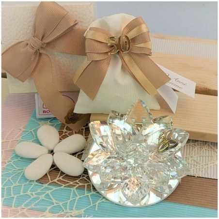 DLM - Clessidra in vetro con Fiore in cristallo e Cuore Fedi 50 Anniversario D'oro Cinquantesimo Nozze Matrimonio