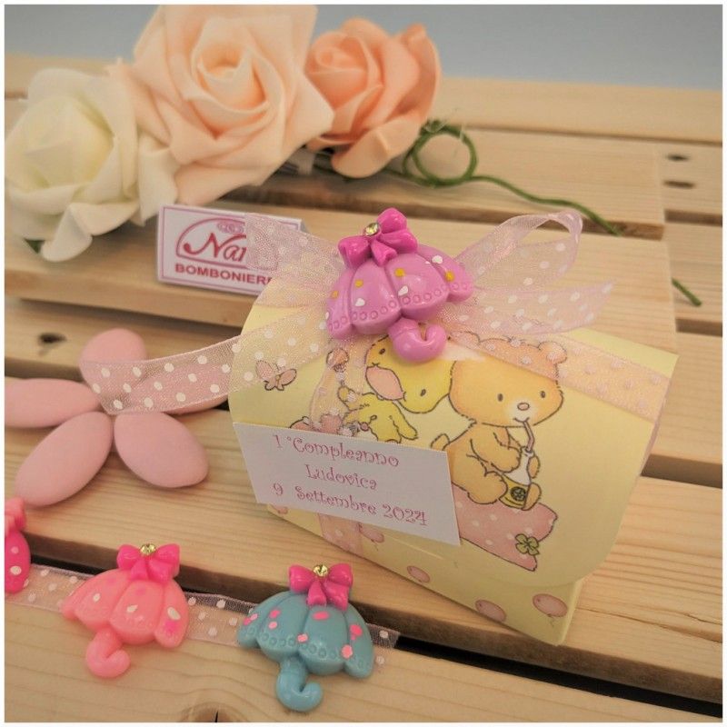 Portaconfetti Bauletto con ombrellino per nascita o Battesimo