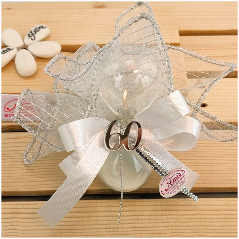 Bomboniere Nozze diamante 60 anni Clessidra in vetro con applicazione