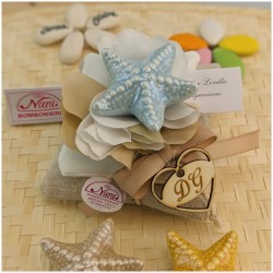 Bomboniera tema Mare Stelle marine in porcellana azzurra gialla e tortora