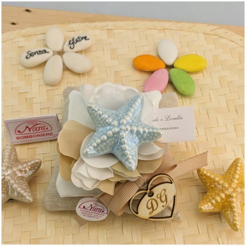 Bomboniera tema Mare Stelle marine in porcellana azzurra gialla e tortora