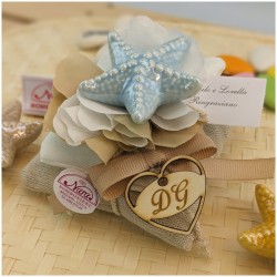 Bomboniera tema Mare Stelle marine in porcellana azzurra gialla e tortora