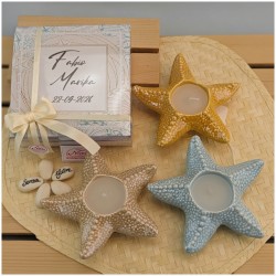 Bomboniera Tema Mare Candela Stella marina Gialla Azzurra e sabbia