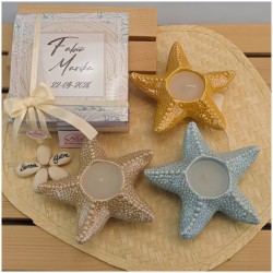 Bomboniera Tema Mare Candela Stella marina Gialla Azzurra e sabbia