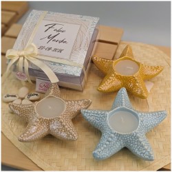 Bomboniera Tema Mare Candela Stella marina Gialla Azzurra e sabbia