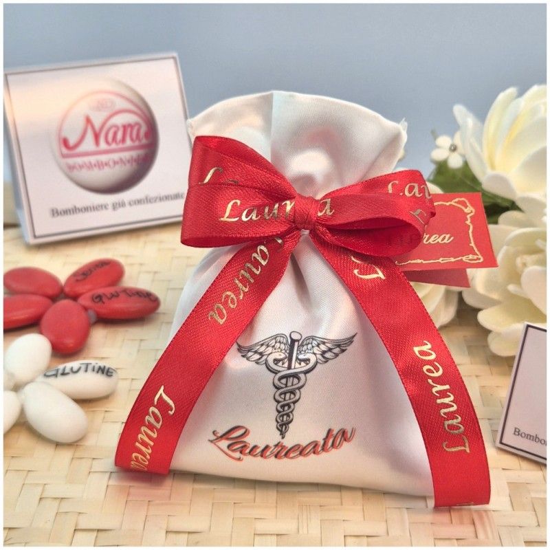 Bomboniera Laurea Farmacia e Medicina sacchettino bianco con caduceo