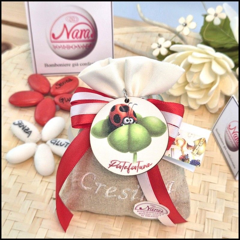 Bomboniera Cresima Sacchettino ricamato con portachiavi coccinella
