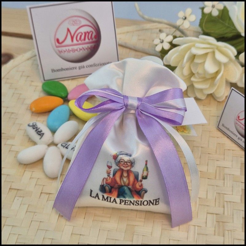 Sacchettino stampato con pensionata che festeggia