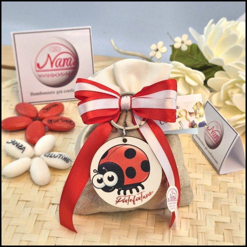 Bomboniera Cresima Sacchettino naturale con portachiavi coccinella