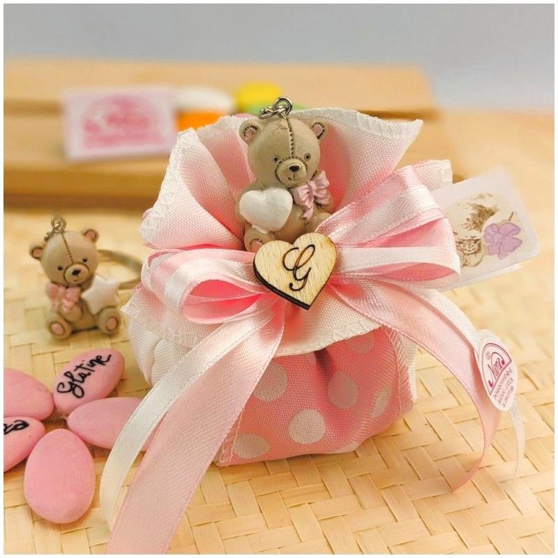 Bomboniera Battesimo Bambina Portachiavi Orsetto rosa con cuore personalizzato
