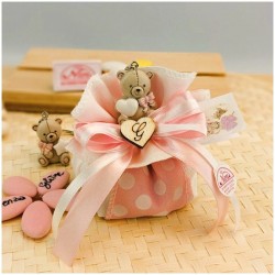 Bomboniera Battesimo Bambina Portachiavi Orsetto rosa con cuore personalizzato