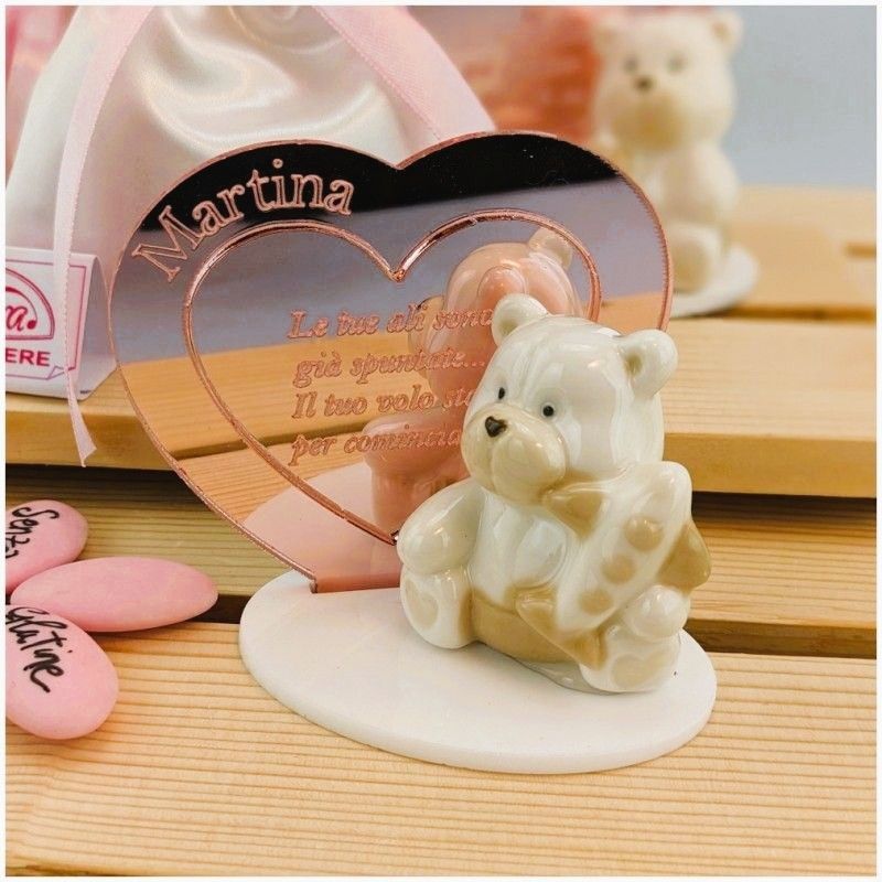 Bomboniera Battesimo Orsetto in porcellana con cuore personalizzato