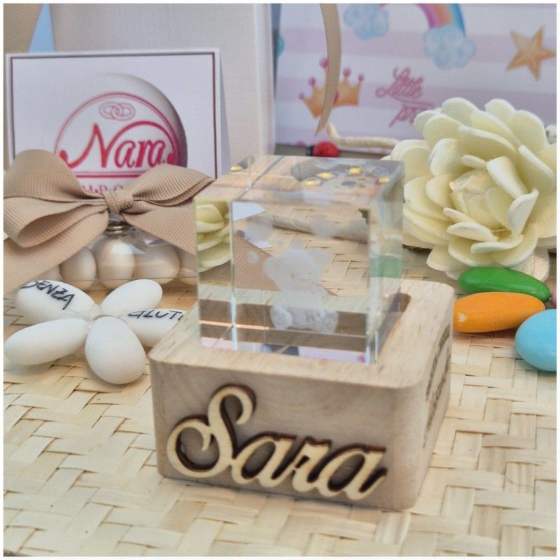 Bomboniera Battesimo Lampada Cubo 3D Orsetto - Base Led e Incisione Nome INCLUSA