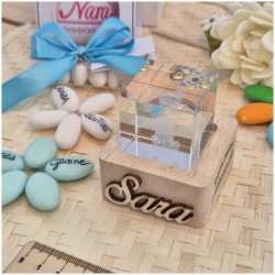 Bomboniera Battesimo Lampada Cubo 3D Orsetto - Base Led e Incisione Nome INCLUSA