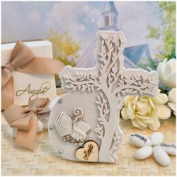 Bomboniera Cresima Croce Mitia albero della vita in Pietra Leccese e Marmo con nome personalizzato