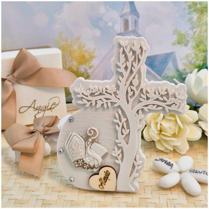 Bomboniera Cresima Croce Mitia albero della vita in Pietra Leccese e Marmo con nome personalizzato