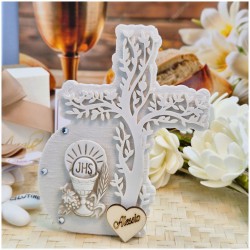 Bomboniera Comunione Croce Calice albero della vita in Pietra Leccese e Marmo con nome personalizzato