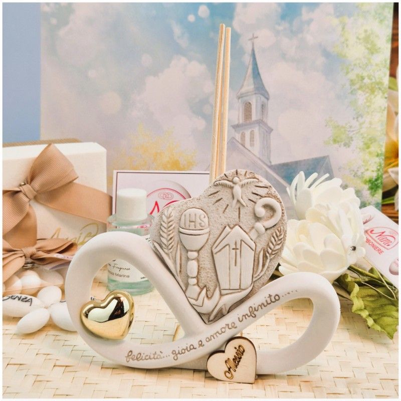 Bomboniera Comunione e Cresima Profumatore Calice e Mitria in Pietra Leccese e Marmo con nome personalizzato
