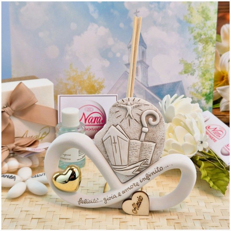 Bomboniera Cresima Profumatore Mitria in Pietra Leccese e Marmo con iniziali personalizzate