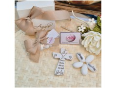 Bomboniera Comunione Crocifisso in Pietra Leccese e Marmo con preghiera piccola