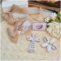 Bomboniera Comunione Crocifisso in Pietra Leccese e Marmo con preghiera piccola