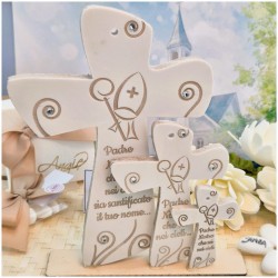 Bomboniera Cresima Crocifisso Mitria in Pietra Leccese e Marmo con preghiera