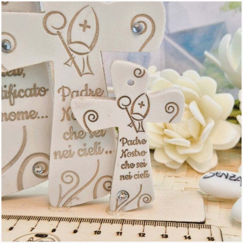 Bomboniera Cresima Crocifisso Mitria in Pietra Leccese e Marmo con preghiera