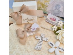 Bomboniera Cresima Crocifisso Mitria in Pietra Leccese e Marmo con preghiera piccola