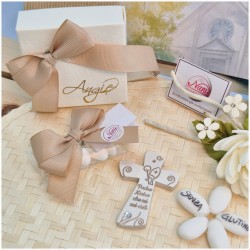 Bomboniera Cresima Crocifisso Mitria in Pietra Leccese e Marmo con preghiera piccola