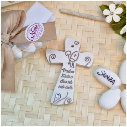 Bomboniera Cresima Crocifisso Mitria in Pietra Leccese e Marmo con preghiera piccola