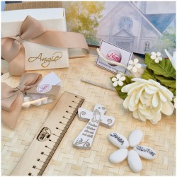 Bomboniera Comunione Cresima Crocifisso Mani in preghiera in Pietra Leccese e Marmo con preghiera