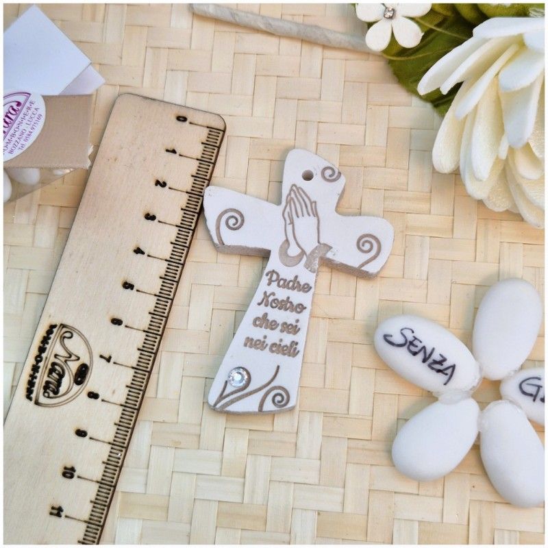 Bomboniera Comunione Cresima Crocifisso Mani in preghiera in Pietra Leccese e Marmo con preghiera