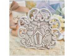 Bomboniera Comunione e Cresima Icona Calice e Mitria in Pietra Leccese e Marmo con nome personalizzato