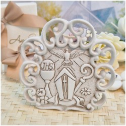 Bomboniera Comunione e Cresima Icona Calice e Mitria in Pietra Leccese e Marmo con nome personalizzato