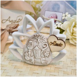 Bomboniera Comunione e Cresima Fiore di loto Calice e Mitria in Pietra Leccese e Marmo con nome personalizzato