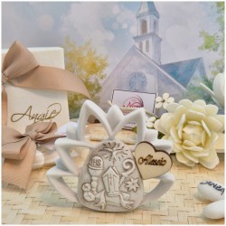 Bomboniera Comunione e Cresima Fiore di loto Calice e Mitria in Pietra Leccese e Marmo con nome personalizzato