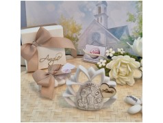 Bomboniera Comunione e Cresima Fiore di loto Calice e Mitria in Pietra Leccese e Marmo con nome personalizzato