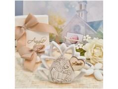 Bomboniera Cresima Fiore di loto Mitria in Pietra Leccese e Marmo con nome personalizzato