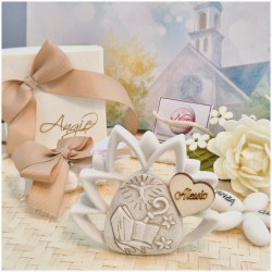 Bomboniera Cresima Fiore di loto Mitria in Pietra Leccese e Marmo con nome personalizzato