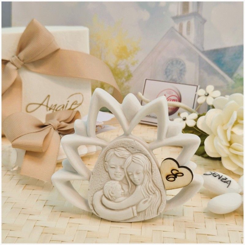 Bomboniera Sacra famiglia Fiore di loto in Pietra Leccese e Marmo con nome personalizzato