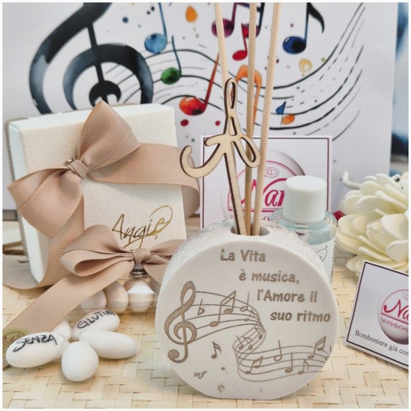 Bomboniera Tema Musica Profumatori in Pietra Leccese e Marmo con Iniziale personalizzata