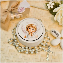 Bomboniera Sacra Angioletto Custode Scatolina in Pietra leccese e marmo con rosario