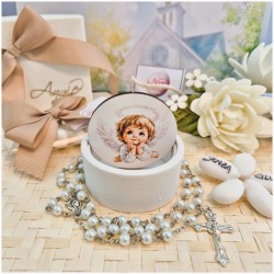 Bomboniera Sacra Angioletto Custode Scatolina in Pietra leccese e marmo con rosario