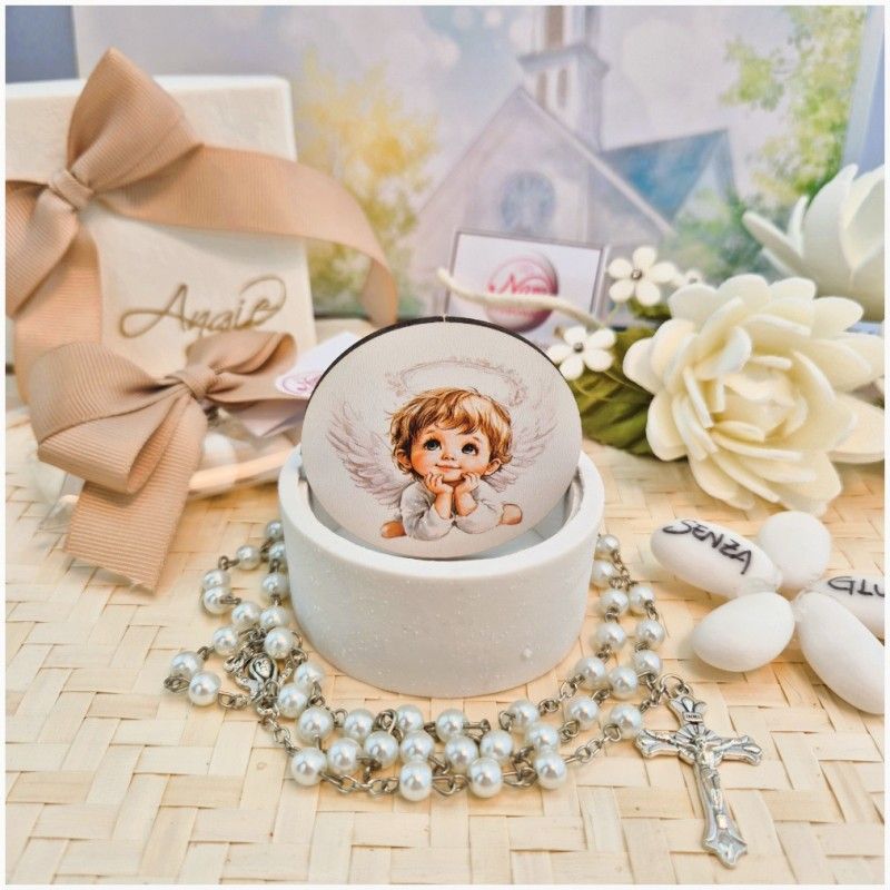 Bomboniera Sacra Angioletto Custode Scatolina in Pietra leccese e marmo con rosario