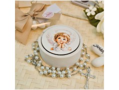 Bomboniera Sacra Angioletto Custode Scatolina in Pietra leccese e marmo con rosario